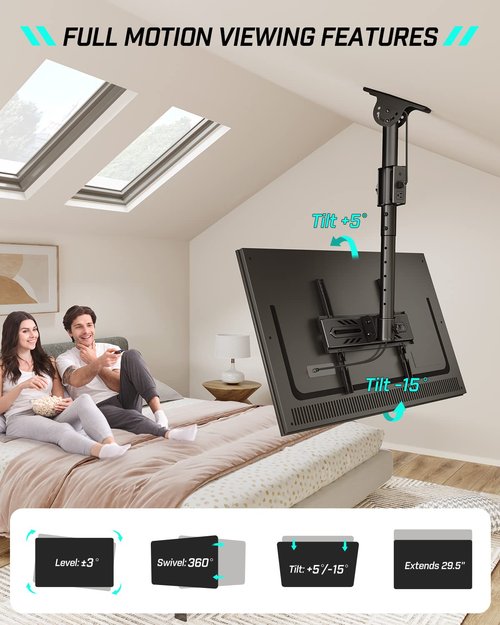 Greenstell Ceiling TV Mount with Power Outlet, TV Mount for 26-65 inch TVs, Ceiling Mount with 900J Surge Protection, Swivel, Tilt and 6 Height Adjustable, Max VESA 400x400mm, Holds up to 110Lbs