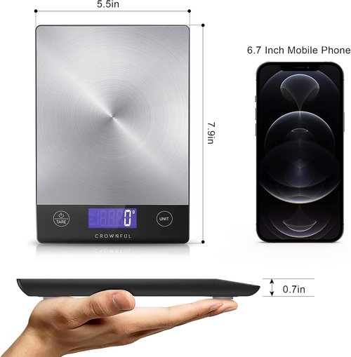 CROWNFUL Digital Kitchen Scale - 33lb Rechargeable 304 Stainless Steel | LCD Display for Accurate Grams & Ounces