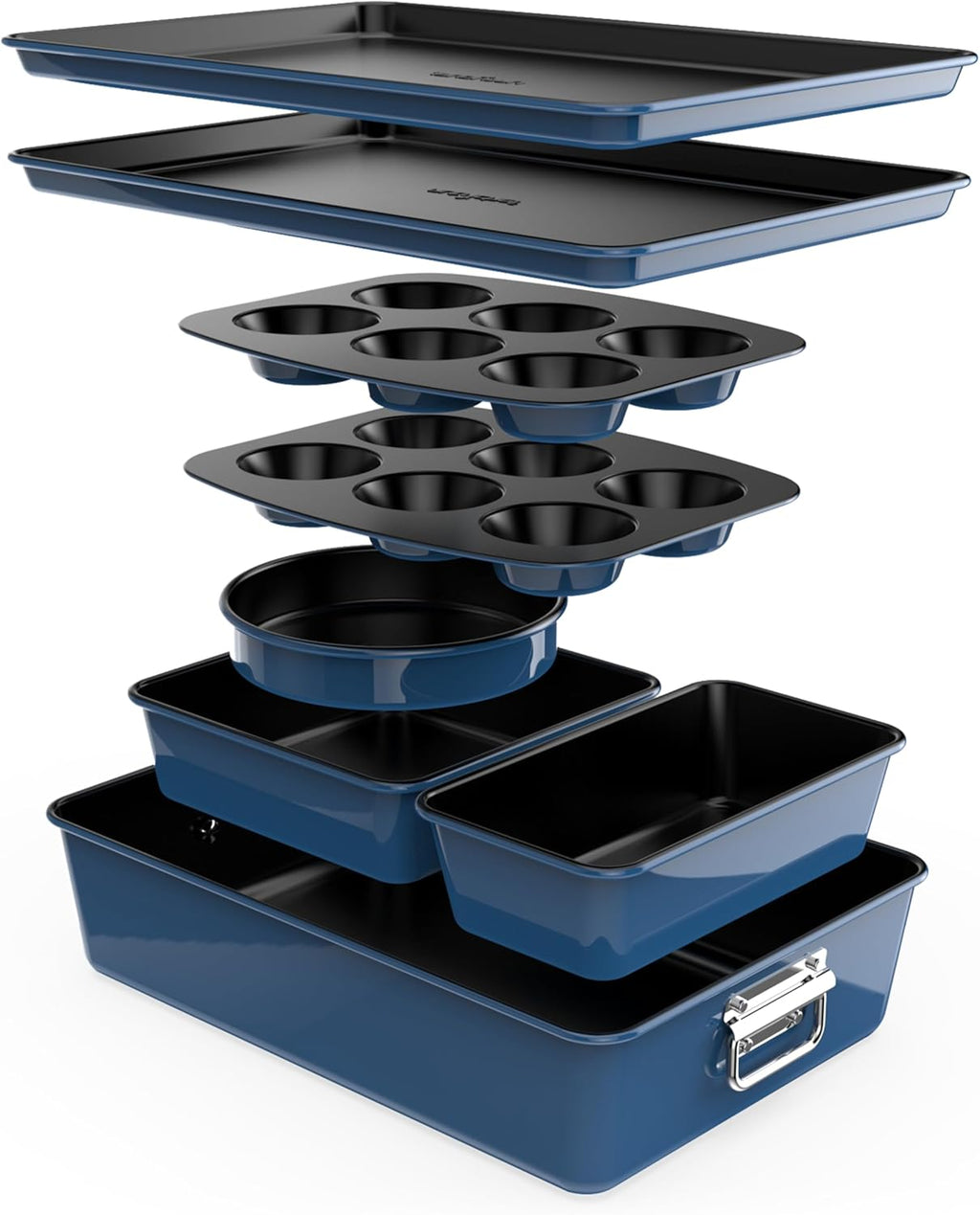 NutriChef 8-Piece Nonstick Bakeware Set | Oven Safe Up to 450°F - Round, Loaf, Muffin, & Cookie Pans (Blue)