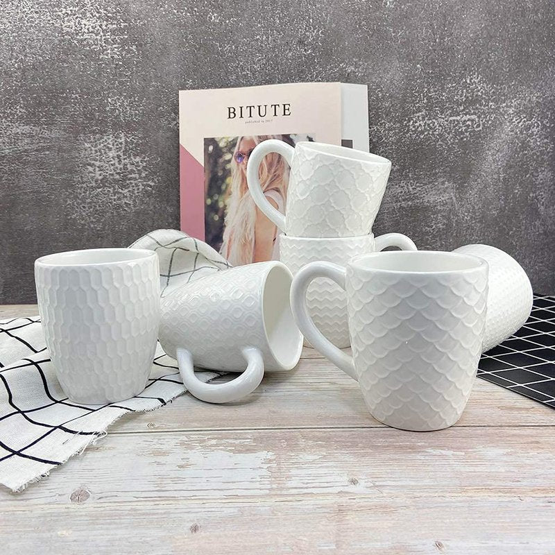 Schliersee 12 OZ White Ceramic Coffee Mugs Set of 6, Stylish Embossed Coffee Cups Set for Coffee, Tea, Milk, Cocoa, Cereal