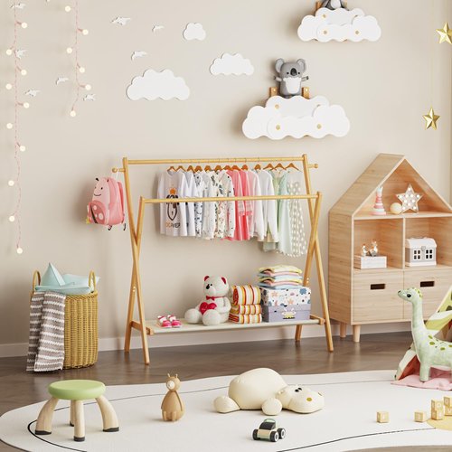 BAMBOOHOMIE Kids Clothing Rack With Storage Shelf & Double Rods, Foldable Dress Up Clothes Rack for Toddler Nursery, Child's Room, 100% Natural Bamboo (Large Size)