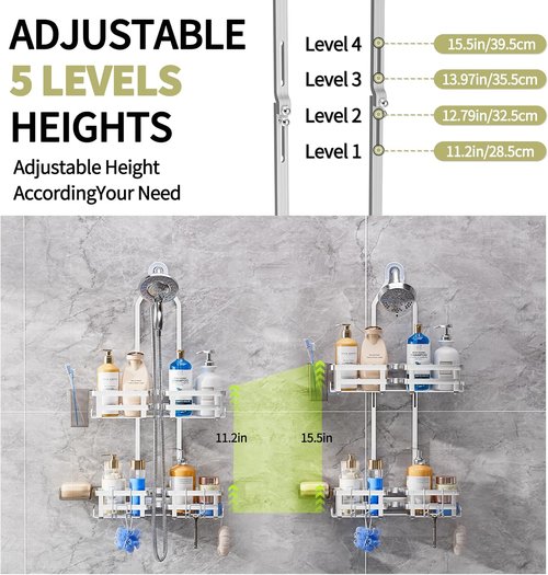 GAOKASE Aluminum Shower Caddy | Rustproof Hanging Organizer with 4 Levels & 10 Hooks - Silver