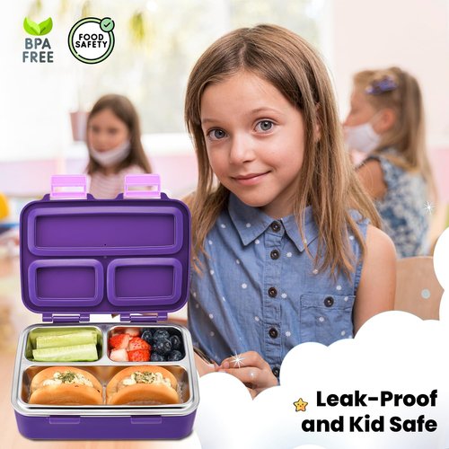 Bento Box for Kids – 3-Compartment Kids Bento Lunch Box with Leak-Proof Lid, Spoon & Stainless Steel Tray – 20 x 15 x 6.8 cm BPA-Free, Dishwasher Safe - Fun Space Design for School & Travel (Purple)