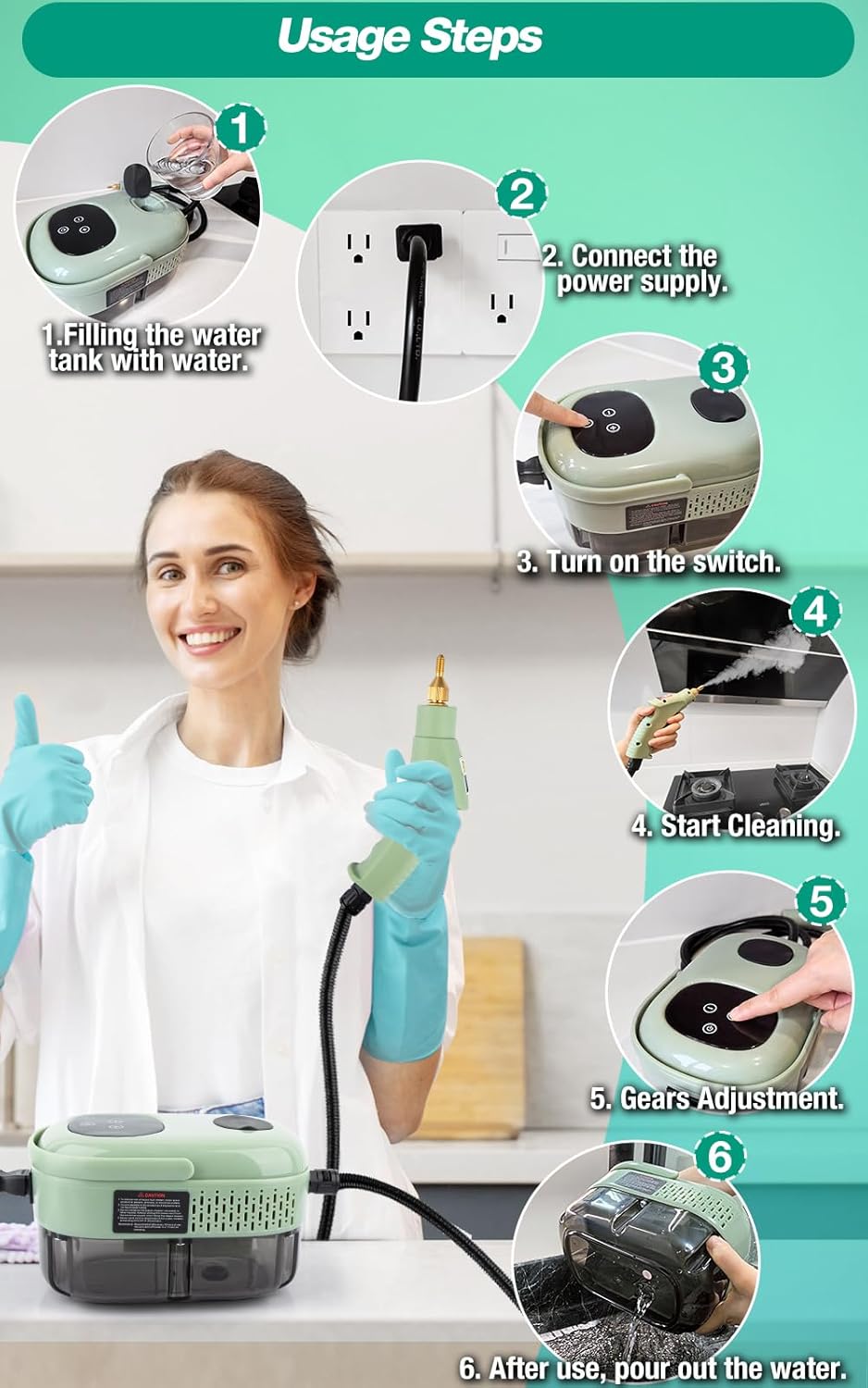 Skiennix Steam Cleaner - 2500W High Pressure Handheld Steamer with 6 Adjustable Gears | Portable Cleaning Machine for Home, Kitchen, Bathroom, and Car Detailing (Green)