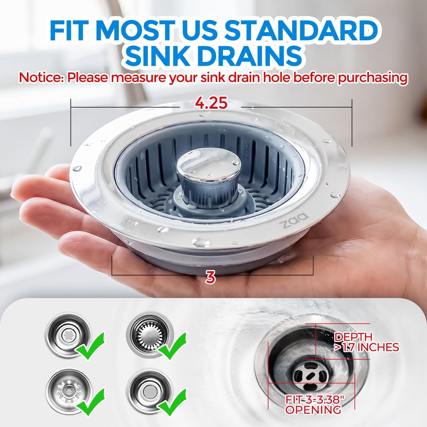 Sink Drain Strainer by [Brand Name] - 3-in-1 Anti-Clogging Kitchen Stopper | Fits 3-1/2'' Sink Hole, Silver