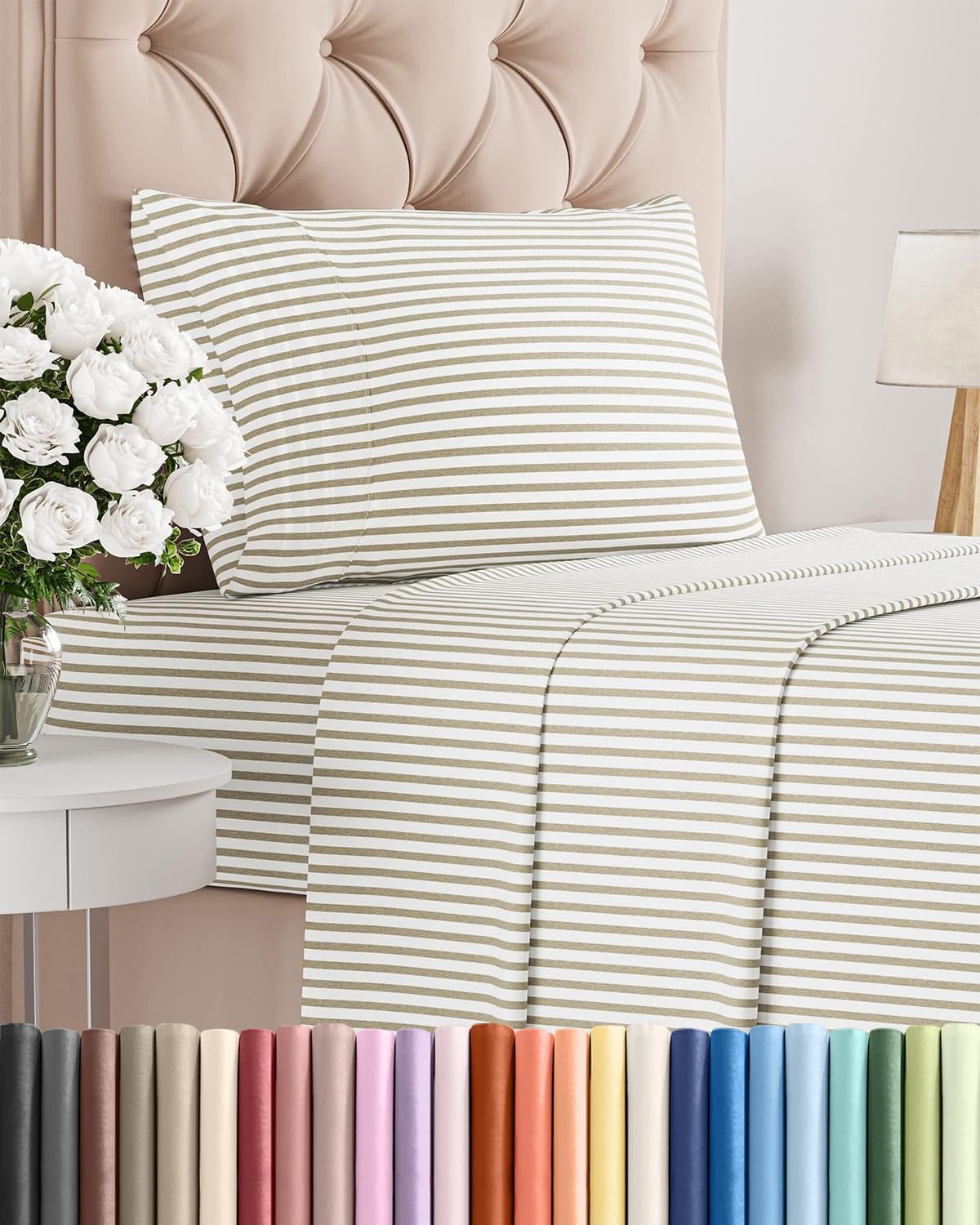 Skiennix Twin Size 3 Piece Sheet Set - Comfy Cooling Bed Sheets - Luxury Oeko-Tex Bedding in Beige Stripes