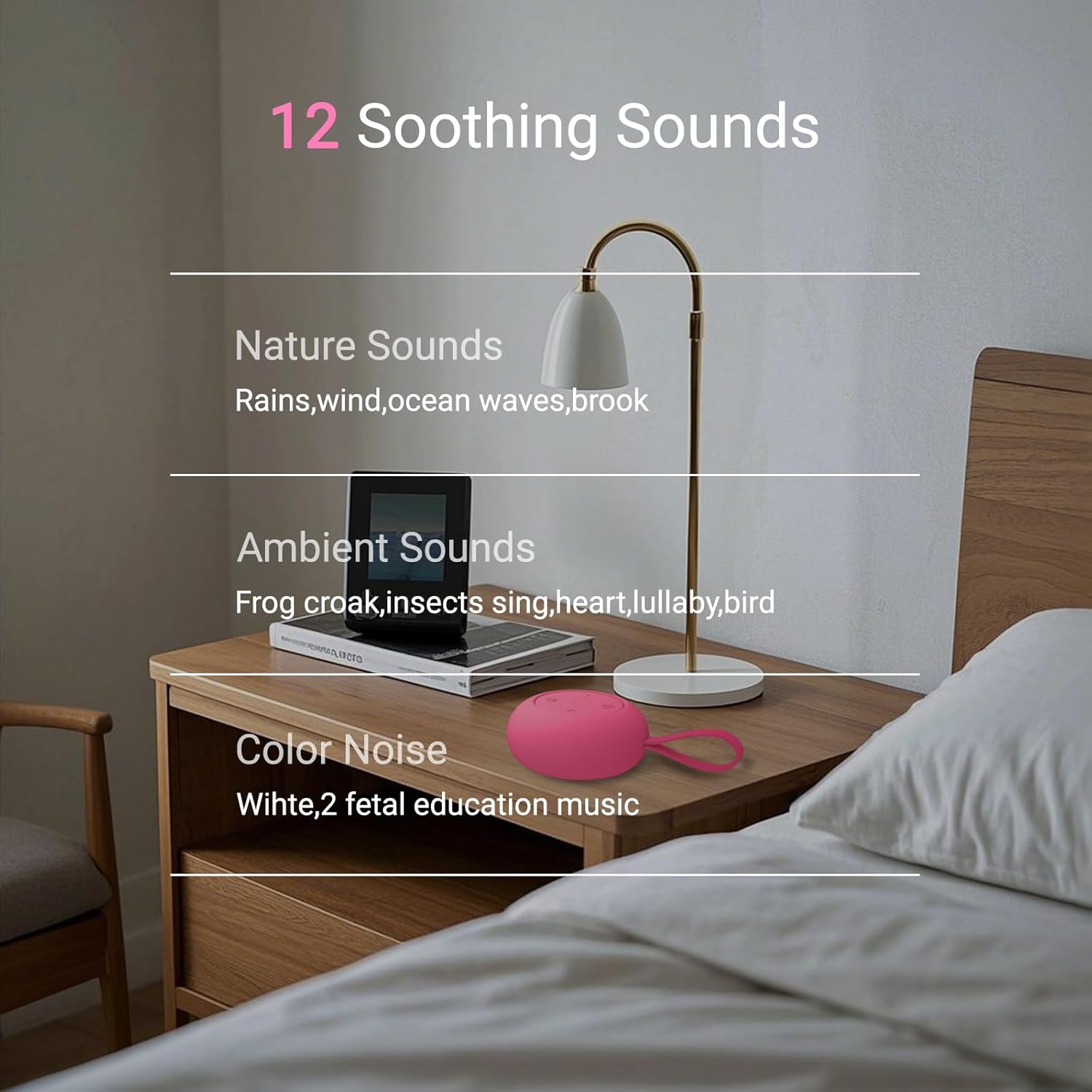 Skiennix Portable Baby Sound Machine - 12 Soothing Sounds & Timer Function | 15-Hour Battery Life, Travel-Friendly, Clips on Stroller