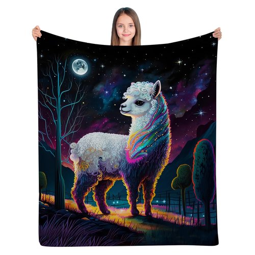 ALIFAFA Llama Blanket, Llama Gifts for Girls, Cute Llama Colorful Boho Print in Galaxy Starry Sparkle Stars Blanket, Magic Space Universe Moon Night Plush Throw Blanket for Kids Teens,50"x40"