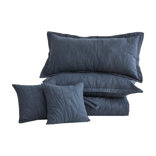 HZ & HY Botanical Oversized King Bedspread 128x120 Extra Wide, Leaves Pattern Stitching Quilt Set, Elegant & Fresh Style Bedding Cover, Reversible, Lightweight 5 Piece Set, Navy