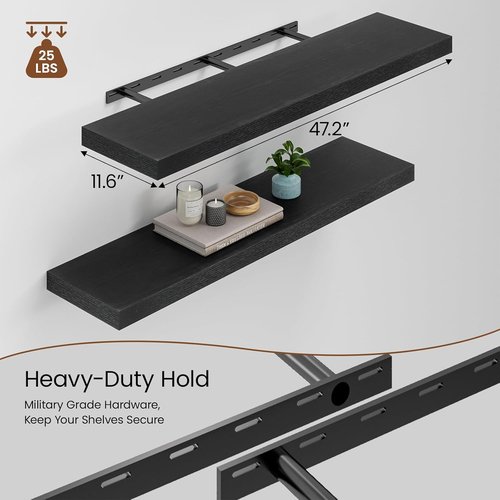 Heimlove Floating Shelves - 48"W x 12"D Black Wood Wall Shelves | Set of 2 for Home & Office