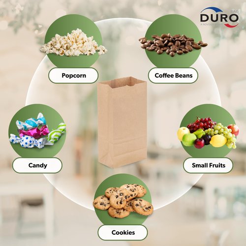 Duro 1# Dubl Life Self-Opening Sack 30#, Recycled Kraft Small Brown Paper Bags Lunch Size, Bulk Mini Food Take-Out Bags for Coffee, Sandwiches, Popcorn, Cookie Snack, & Candy Treats - 500 Count