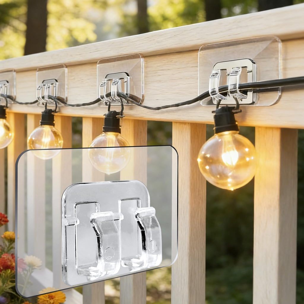 Skiennix Outdoor String Lights Hooks - 90Pcs Heavy-Duty Adhesive Clips for Christmas Lights - Waterproof & Transparent