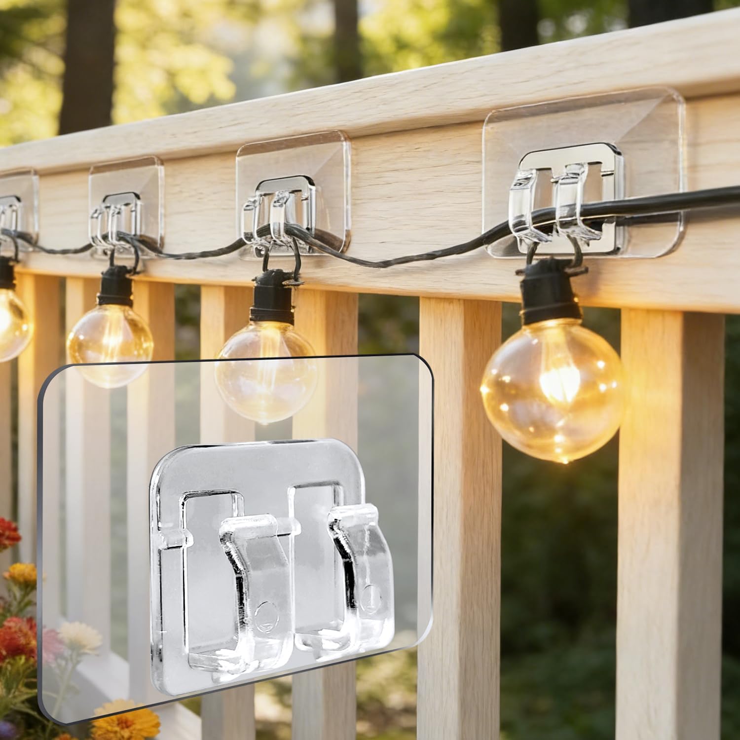 Skiennix Outdoor String Lights Hooks - 90Pcs Heavy-Duty Adhesive Clips for Christmas Lights - Waterproof & Transparent
