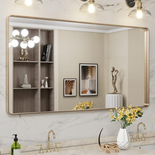 LOAAO Gold Bathroom Mirror - 55”X30” Rounded Rectangle Design | Anti-Rust Tempered Glass, Wall-Mounted