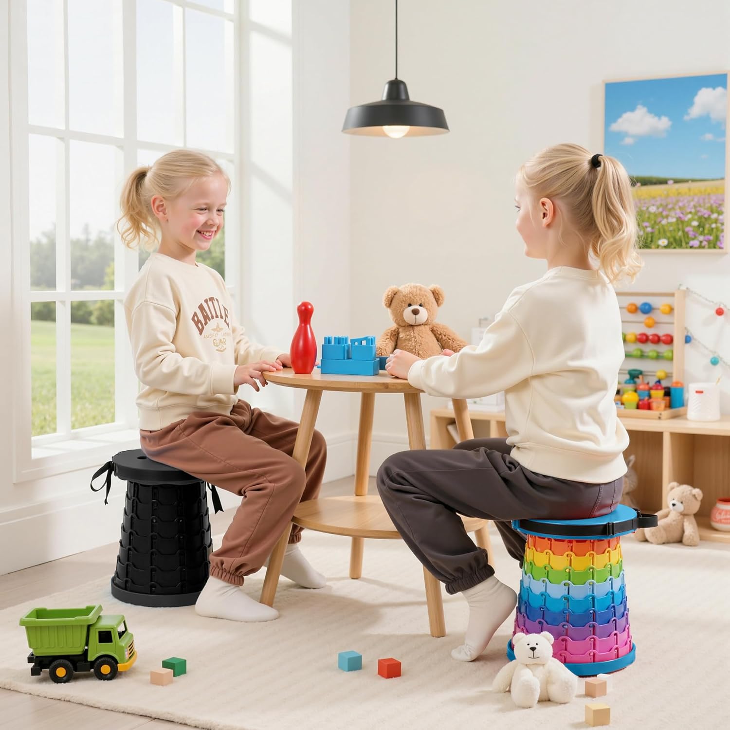 VECELO Telescoping Folding Stool - Upgraded Portable Retractable Design | 400lbs Capacity, Rainbow Blue