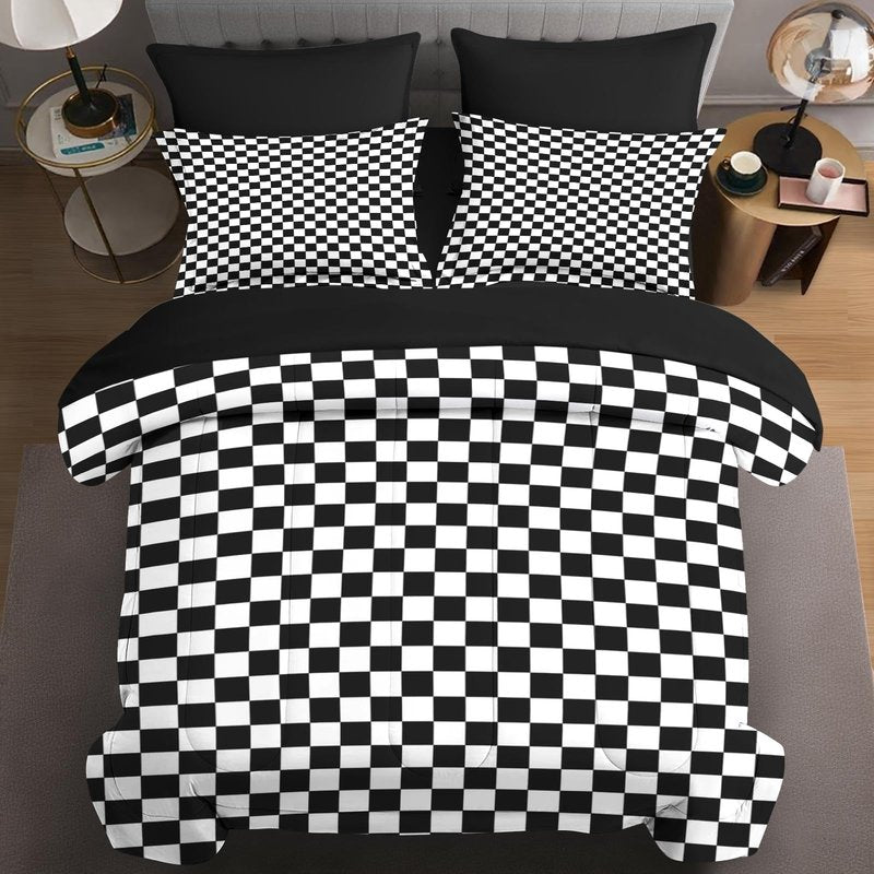 Nesphy Checkerboard Grid Black White Comforter Set 7 Pcs Queen Size Quilt, Checkered Geometric Luxury Plaid Soft Bedding Set with Flat and Fitted Sheet Pillowcases Sham for Adults Bedroom Bed Decor