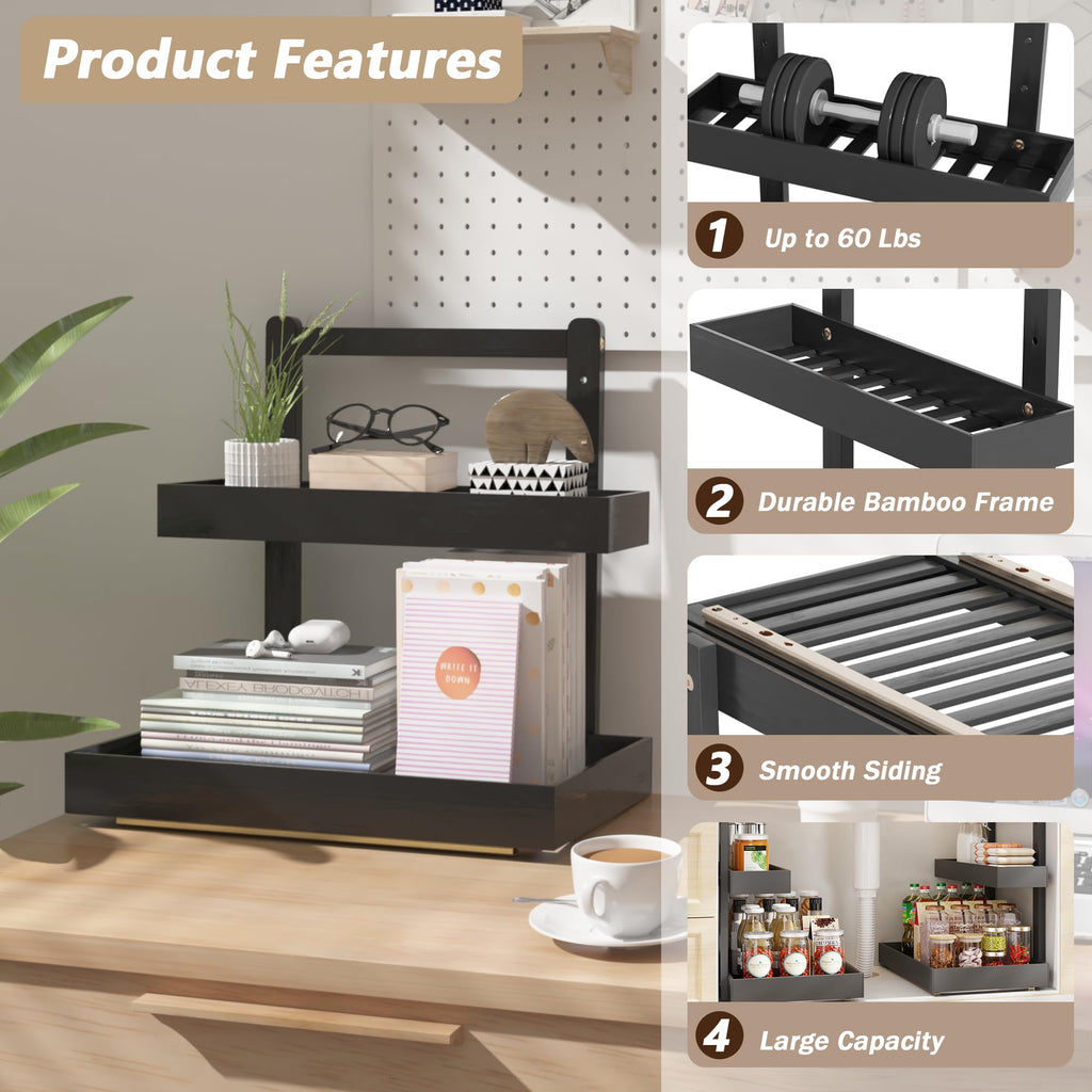 Bamboo Under Sink Organizer and Storage, 2 Tier Pull Out Cabinet Organizer, Slide Out Under Sink Storage Shelf, Undersink Organizers Shelves for Kitchen Bathroom Organization (Black, 2 Packs)