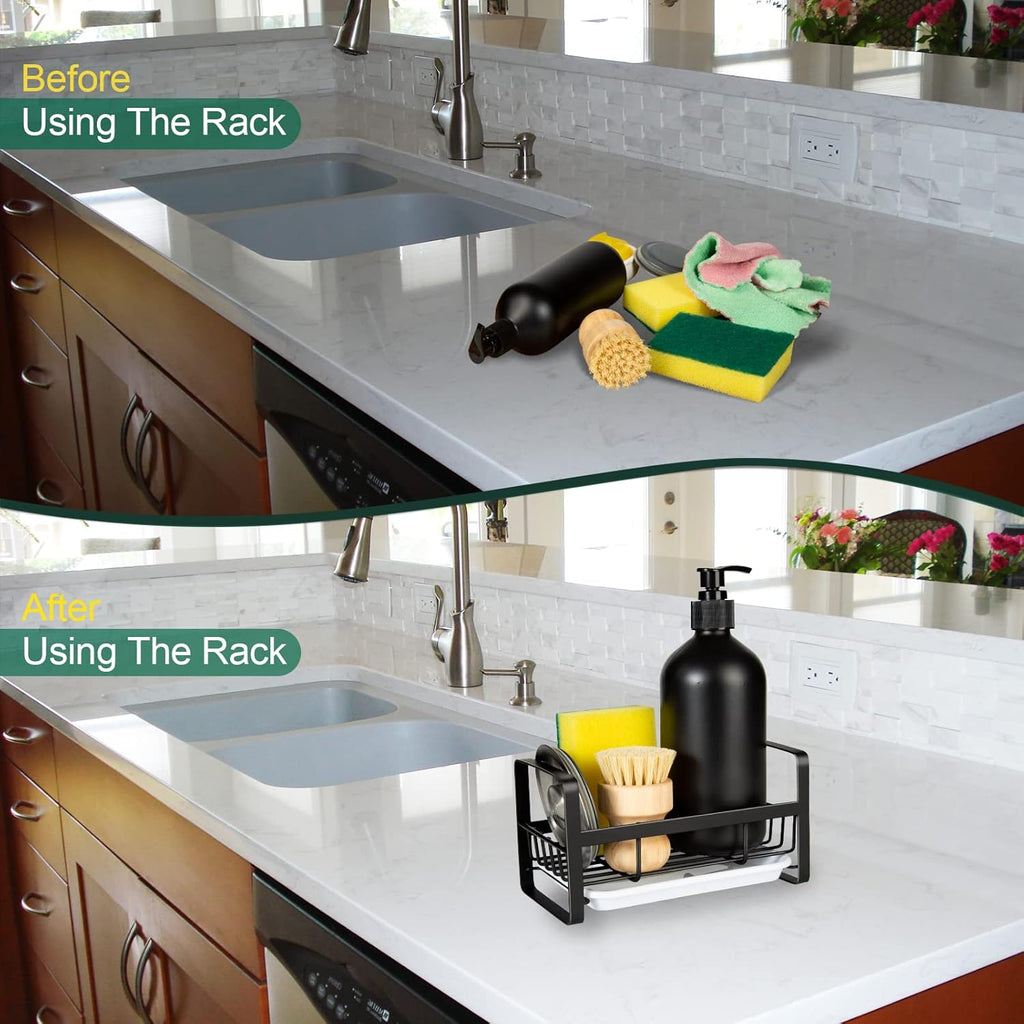 TEZZ Sponge Holder | Stainless Steel Kitchen Sink Caddy for Organizing Sponge, Brush & Soap Dish - Black