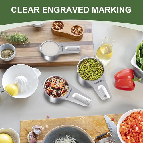 EWFEN Measuring Cups and Spoons Set, 7 Stainless Steel Nesting Measuring Cups & 7 Spoons, 5 Mini Measuring Spoons & 2 Detachable Rings, Kitchen Gadgets for Cooking & Baking, Round