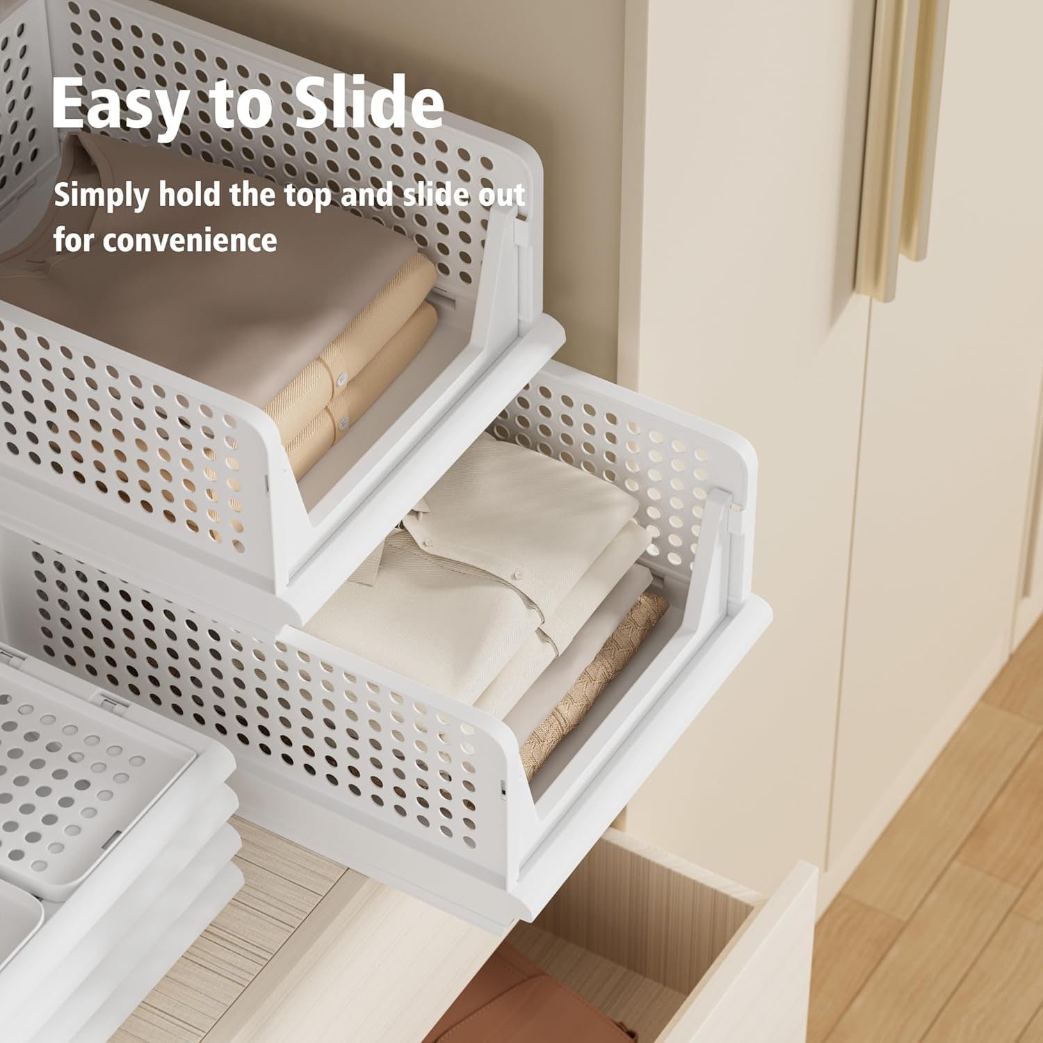 Proarea Stackable Storage Bins - 5 Pack Foldable Closet Organizer Baskets for Clothes | White