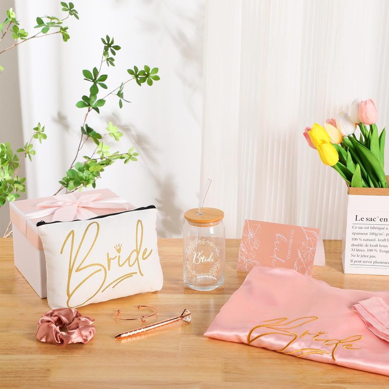 Irenare 8 Pcs Bride Gifts Set for Bridal Shower Bachelorette Party Robe Cup Makeup Bag Bracelet Scrunchies Card Pen Gift Box(Pink)