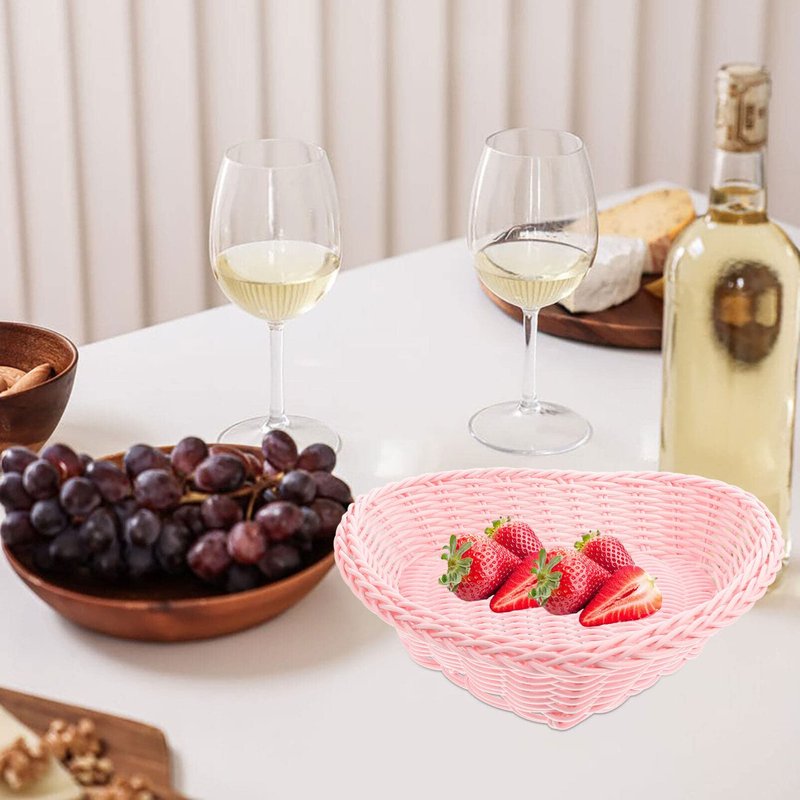 Sewroro Heart Shaped Rattan Basket, Vegetable Fruit Bread Serving Bowl Imitation Rattan Wedding Candy Baskets Dessert Display Tray Desktop Storage Basket (Pink)