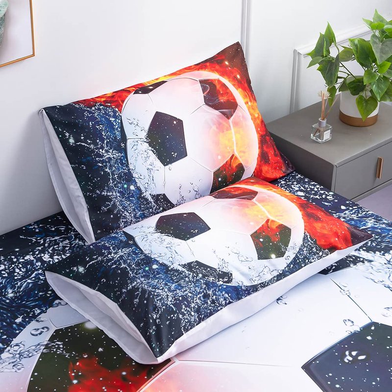 Roscloud Sports Soccer Ball Sheet Sets Twin Size - 2PC Ice Flame Galaxy Soccer Ball Boys Fitted Sheets（Fitted Sheet1 Pillowcases1）