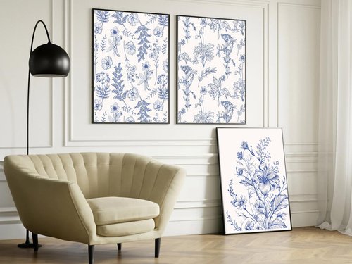 Blue Flowers Wall Art Set of 3, Chinoiserie Floral Canvas Wall Decor, Botanical Wall Art, Blue-Purple Wildflower Pattern Prints, Blue and White Plant Painting for Bathroom Bedroom 16x24 in Framed