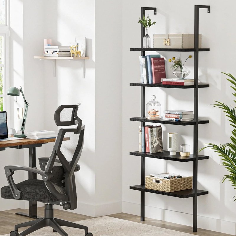 Shahoo Ladder Shelf, 5-Tier Bookshelf with Metal Frame, Open Display Organizer Rack, Wood Wall Mounted, Storage Shelves for Living Room, Hallway, Office, Black