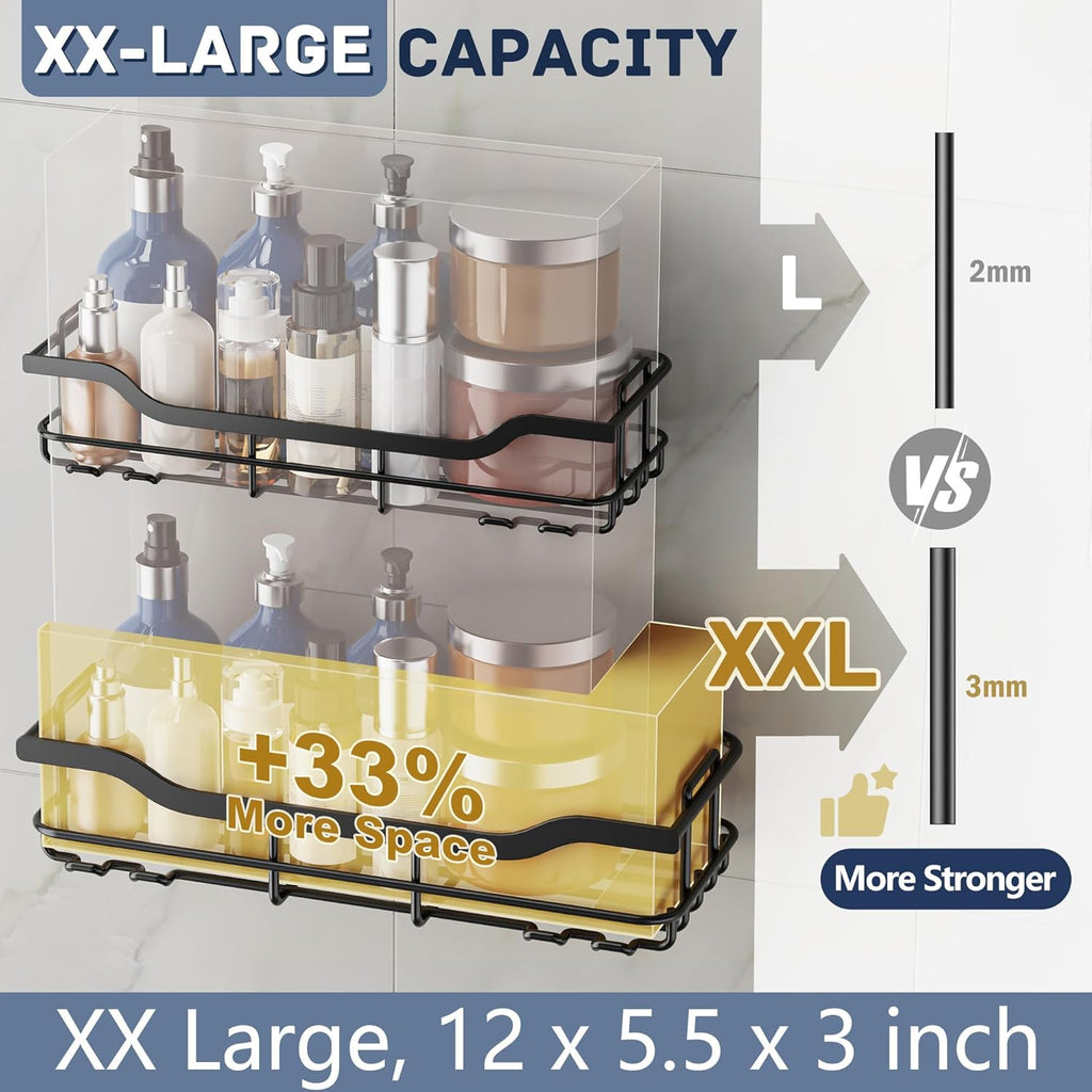 OMAIRA Shower Caddy - 3-Pack Adhesive Rustproof Organizer for Smooth Walls & Glass Tiles - Black (X-Large)