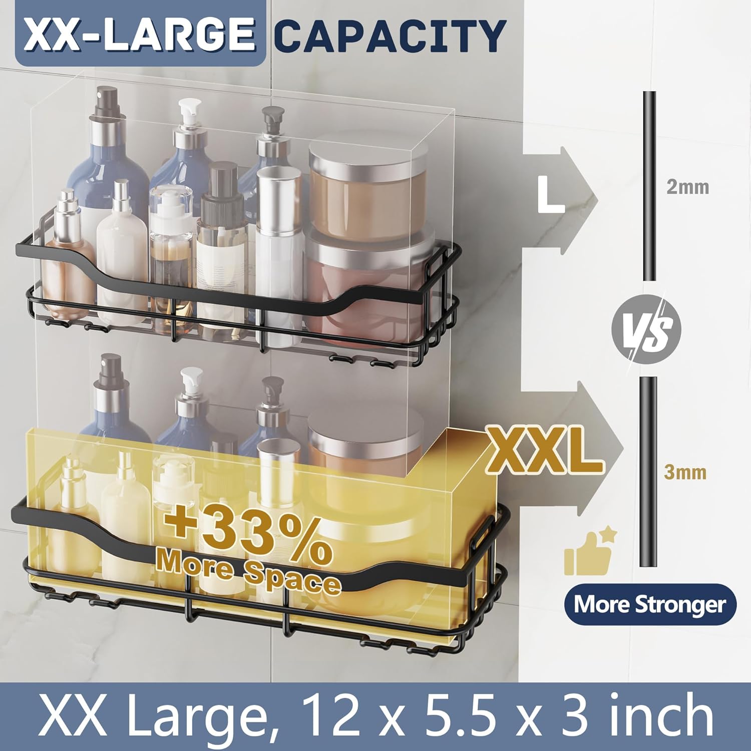 OMAIRA Shower Caddy - 3-Pack Adhesive Rustproof Organizer with Soap Holder for Smooth Walls | Black (X-Large)