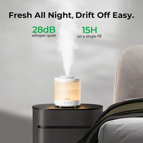 Homvana Small Humidifiers - 1.5L Cool Mist Top Fill Diffuser for Baby Nursery & Home | 3-in-1 with 7 Color Lights