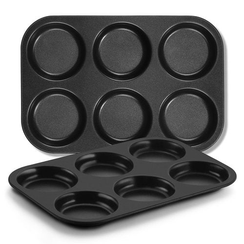 E-far Muffin Top Pan Set of 2, Nonstick 6-Cavity Shallow Cupcake Pan for Baking Whoopie Pie, Yorkshire Pudding, Eggs, Cornbread, Drop Cookies, Easy Release & Clean, 3-Inch Standard Size