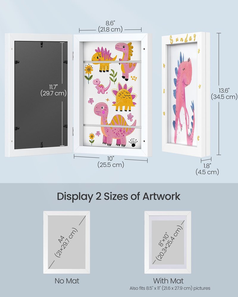 SONGMICS Kids Artwork Frames Changeable, Set of 2, A4, 8.5x11 Art Picture Frame Display for Room Decor, Each Storage up to 150 Drawings, with Mats, Stickers, Non-Trace Nails, Matte White URPF052W02