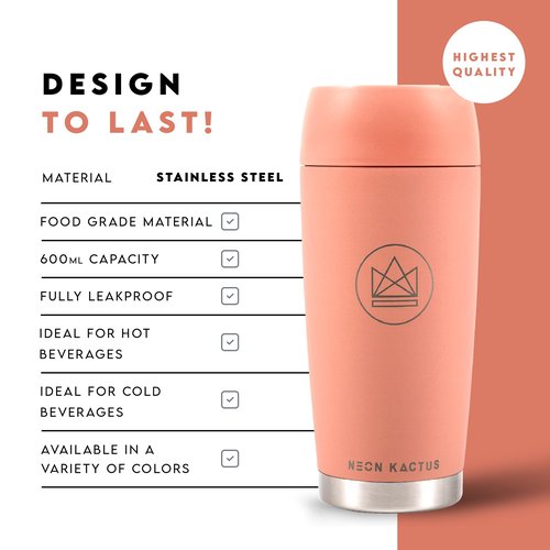 Neon Kactus 360° Travel Mug - Leakproof Insulated Coffee Mugs for Hot & Cold Drinks - Thermal Reusable Travel Cups, Fits Car Cup Holders 600ml/20oz (Pink Flamingo)