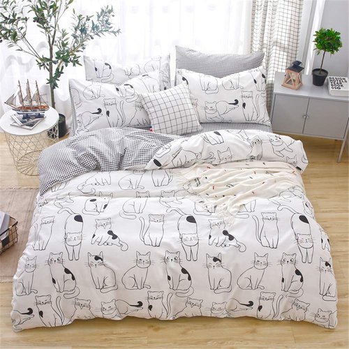 LAYENJOY Cats Duvet Cover Set Queen, 100% Cotton Bedding, Various Cartoon Cats Pattern Printed on White Reversible Black Plaid, 1 Comforter Cover Full and 2 Pillowcases for Kids Teens Boys Girls