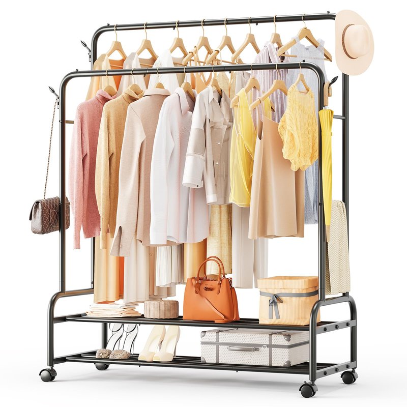 TigerParty Double Rods Clothes Rack for Hanging Clothes, Rolling Clothing Rack with Wheels, Freestanding Garment Racks with 2 Shelves for Bedroom Laundry Living Room