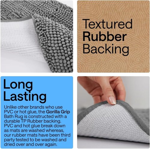 GORILLA GRIP Bath Rug Mat - Thick Soft Absorbent Chenille | Quick Dry Microfiber, 24x17, Grey
