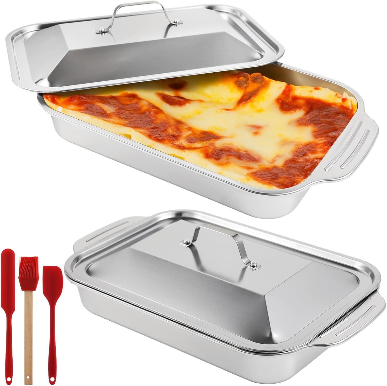 Skiennix 9x13 Stainless Steel Cake Pans - Durable Baking Trays with Double Handles & Silicone Brush