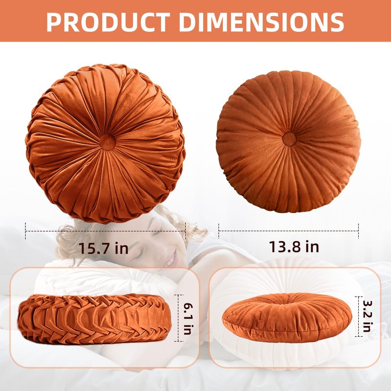 Teieas 2 Pcs Round Throw Pillows Pleated Velvet Pumpkin Round Pillows Floor Cushion for Living Room Couch Chair Bed Sofa 15.7"x15.7"/13.8" x 13.8" (Orange)