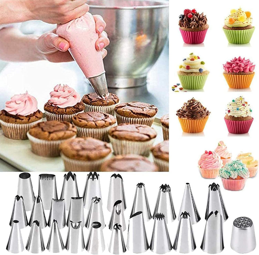 Skiennix Icing Nozzles Set - Stainless Steel Piping Tips with Reusable Silicone Bag for Cakes & Cupcakes