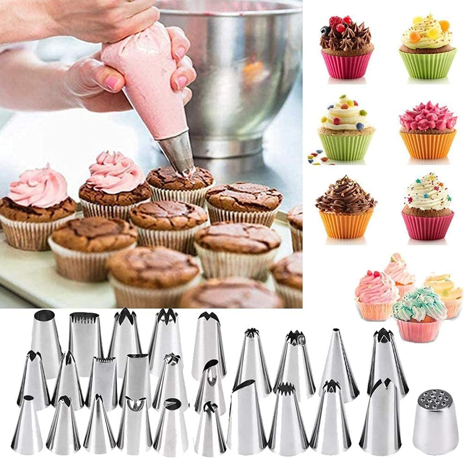 Skiennix Icing Nozzles Set - Stainless Steel Piping Tips with Reusable Silicone Bag for Cakes & Cupcakes