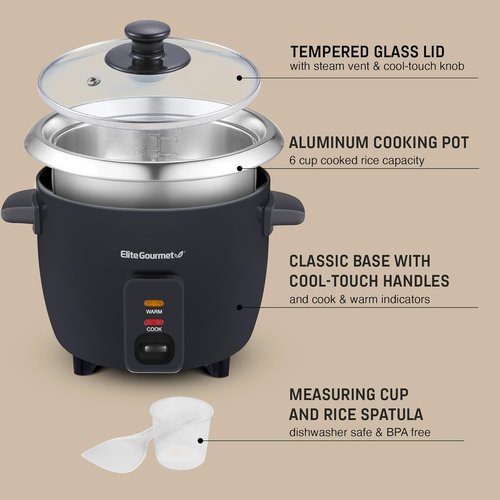 Elite Gourmet Electric Rice Cooker - Automatic Keep Warm Function, 6 Cups Cooked, Black