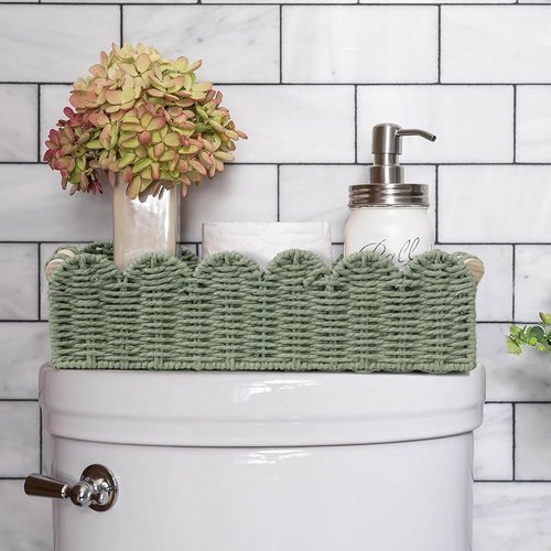 CubesLand Toilet Paper Storage Basket - Scalloped Edge Green Decor | Cozy Home Organization with 2 Wooden Handles