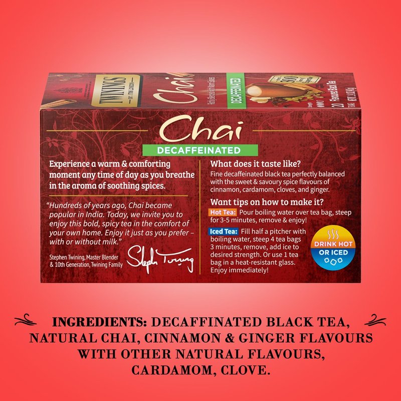 Twinings Decaffeinated Chai Tea, Black Tea Blend with Cinnamon, Ginger, Cardamon, 20 Count (Pack of 3)