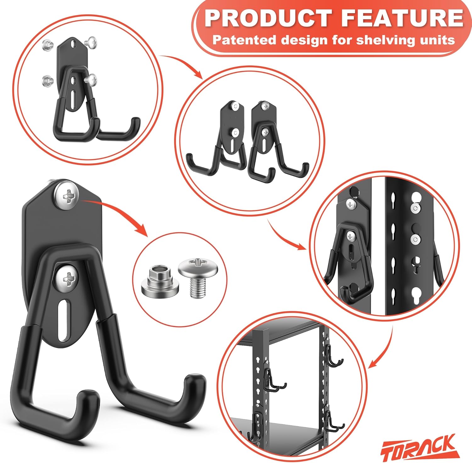 TORACK Garage Storage System Hooks - 15 PCS Wall Mount Utility Hooks for Tools, Ladders & More | Black
