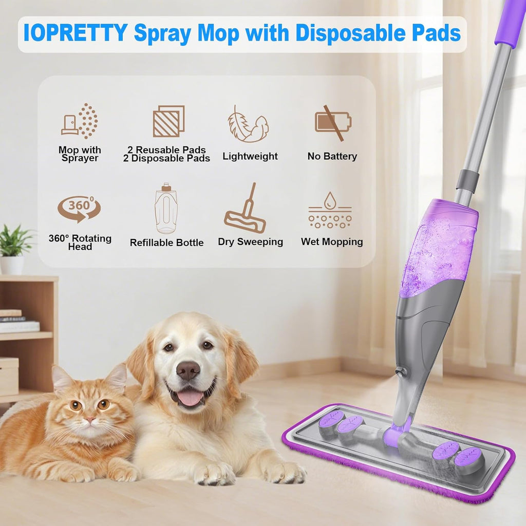 Skiennix Spray Mop for Floor Cleaning - Wet & Dry Mop with 2 Washable + 2 Disposable Pads | Refillable Bottle for Hardwood & Tile - Ideal for Pet Hair & Dust Removal