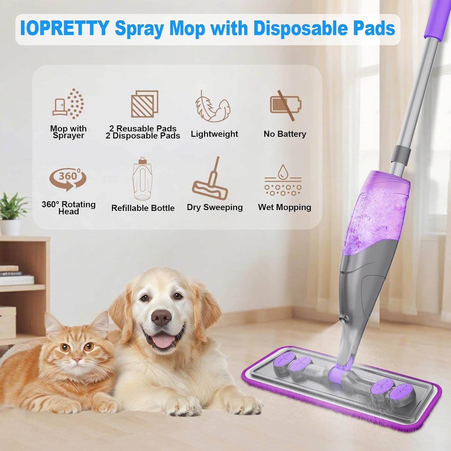 Skiennix Spray Mop for Floor Cleaning - Wet & Dry Mop with 2 Washable + 2 Disposable Pads | Refillable Bottle for Hardwood & Tile - Ideal for Pet Hair & Dust Removal