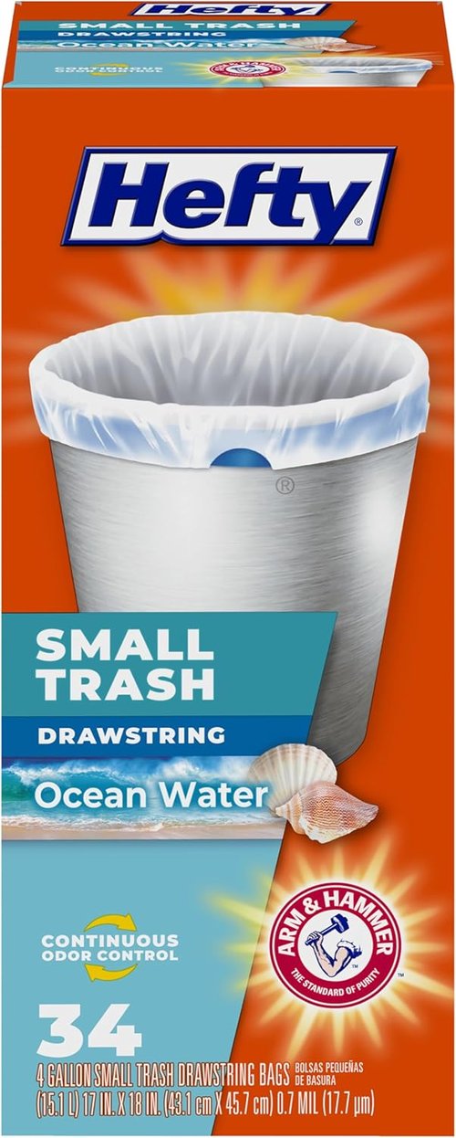 Hefty Small Trash Bags - Ocean Water Scent | 4 Gallon Size | 34 Count Pack