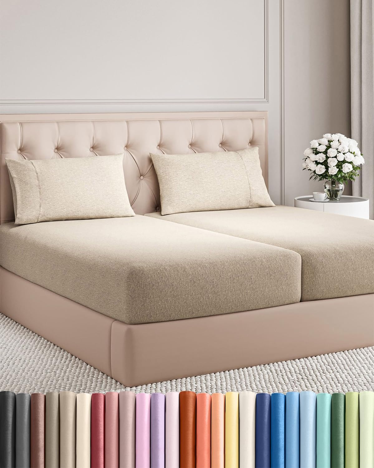 Split King Size 5 Piece Sheet Set - Comfy Breathable Cooling Bed Sheets - Luxury Hotel Quality in Beige